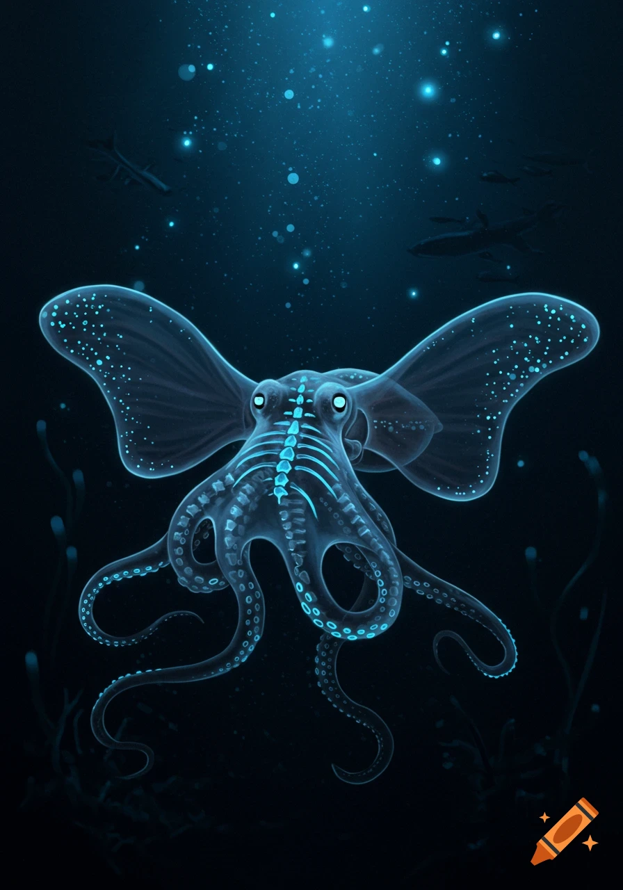 A translucent skeletal dumbo octopus with glowing blue bones and spots swims in the dark deep sea.