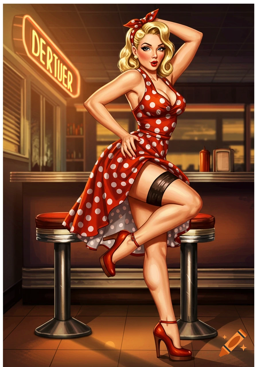 Pin-up illustration of a blonde woman in a red polka dot dress posing in a retro diner.