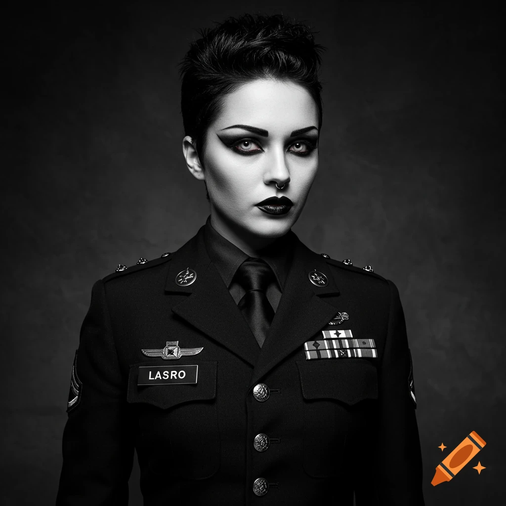 Black and white portrait of a woman with dark makeup and short hair wearing a military-style jacket.