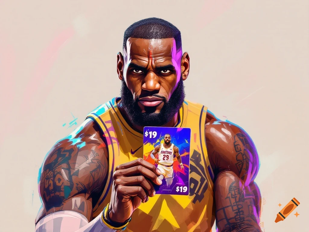 Stylized portrait of LeBron James holding a trading card.