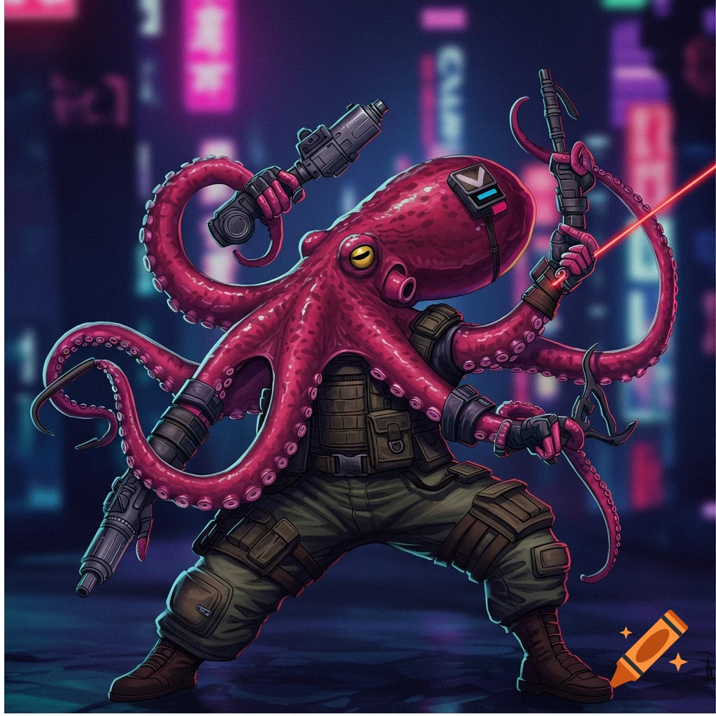 Pink tactical octopus with futuristic weapons in a neon city.