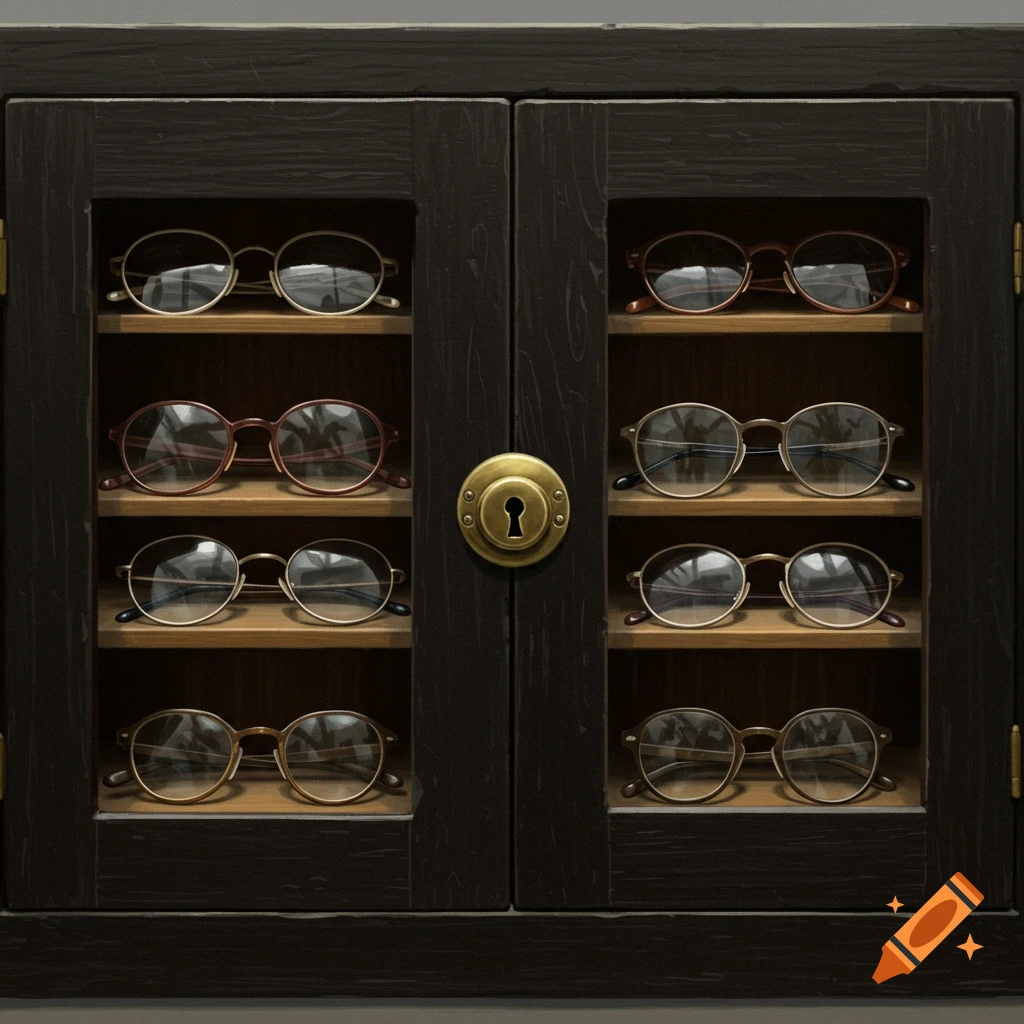 Pairs of glasses displayed on shelves inside a wooden cabinet with glass doors and a brass keyhole.