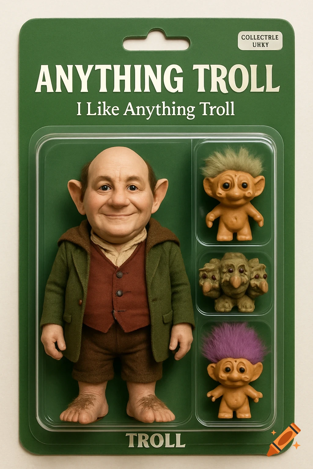 A blister pack action figure of a character resembling Frodo Baggins dressed as a hobbit, packaged with smaller troll doll accessories, on a green cardboard background with text.