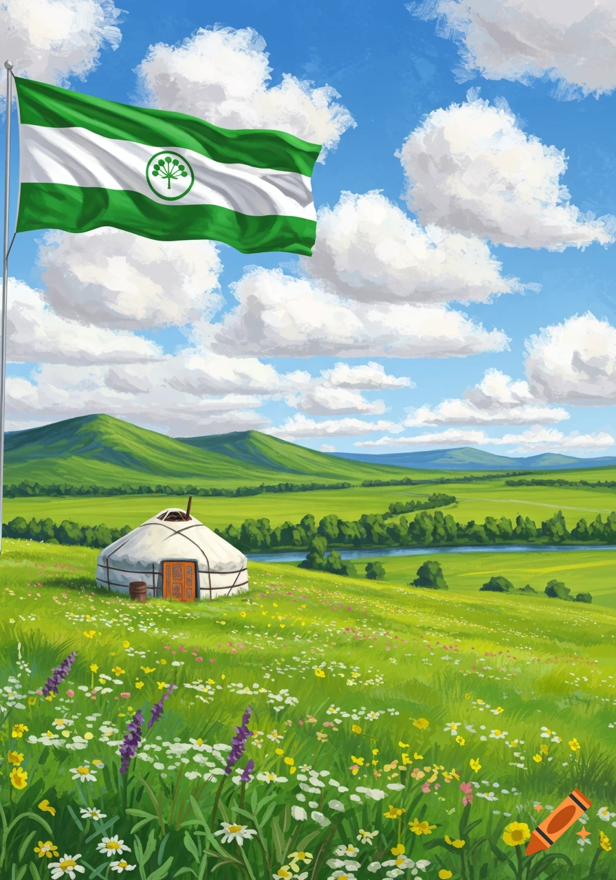 Painting of a flag with a circular symbol over a grassy landscape with a yurt, mountains, and river.