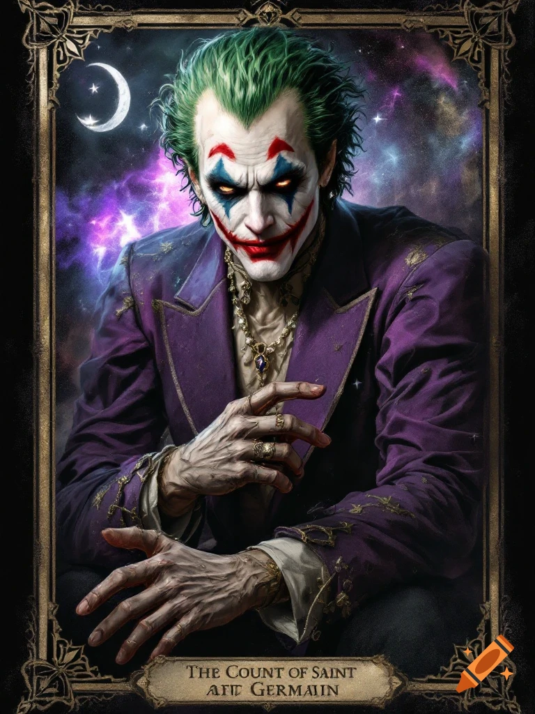 Stylized portrait of a person resembling the Joker in makeup and a purple suit, against a cosmic background, on a decorated tarot card.