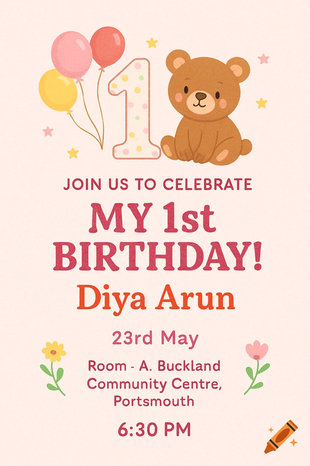 Illustrated invitation card for a child's 1st birthday featuring a number one, balloons, a bear, and flowers.