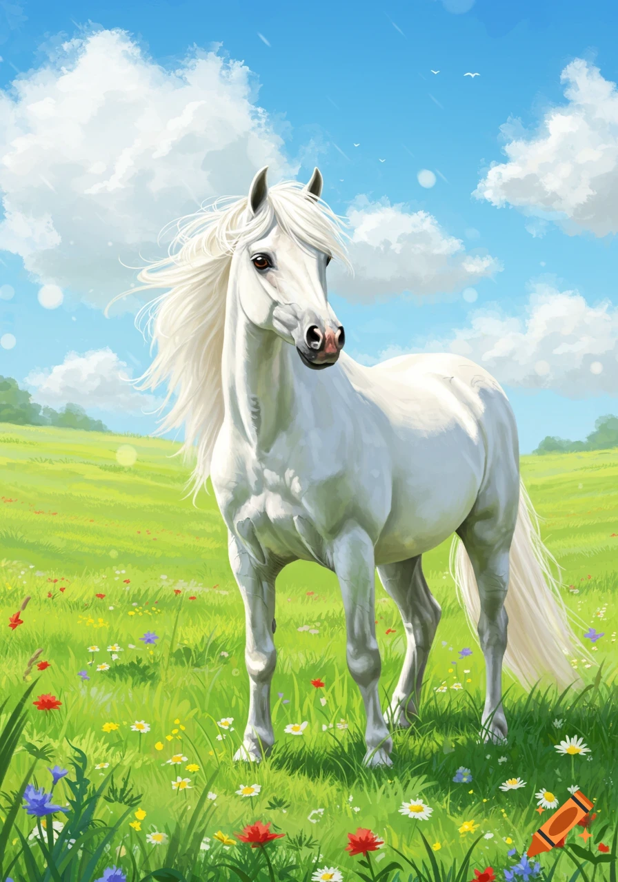 A white horse stands in a grassy field with flowers under a cloudy blue ...