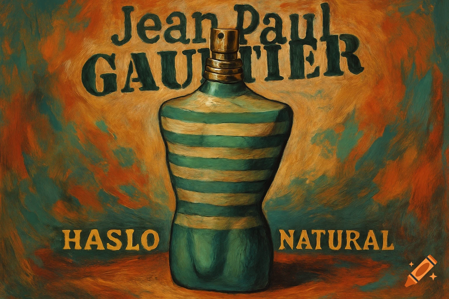 Painterly illustration of a green and yellow striped male torso-shaped perfume bottle with text above and below.