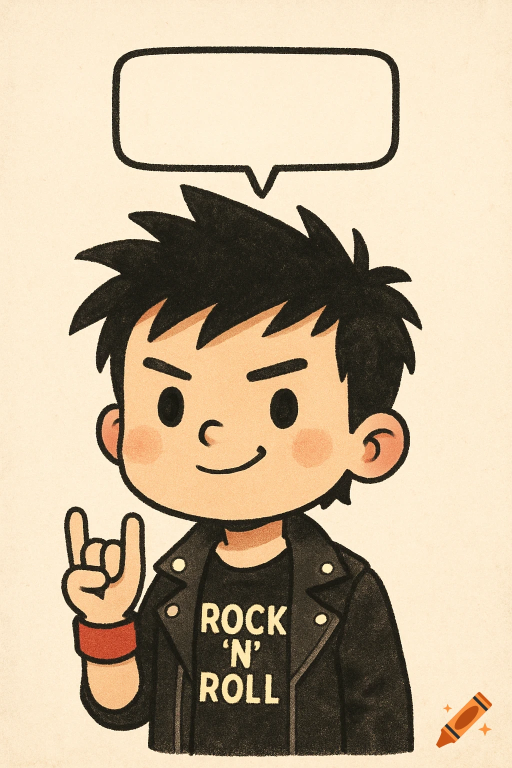 Cartoon boy in rock jacket and t-shirt giving rock sign with speech bubble.