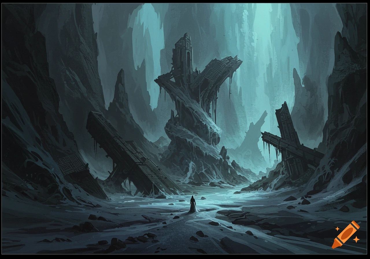 A lone figure approaches large, ancient ruins in a desolate, dark valley under a pale sky.