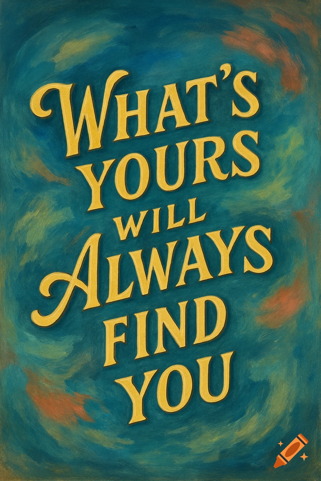 Yellow text reading What's yours will always find you on a blue and green textured background.