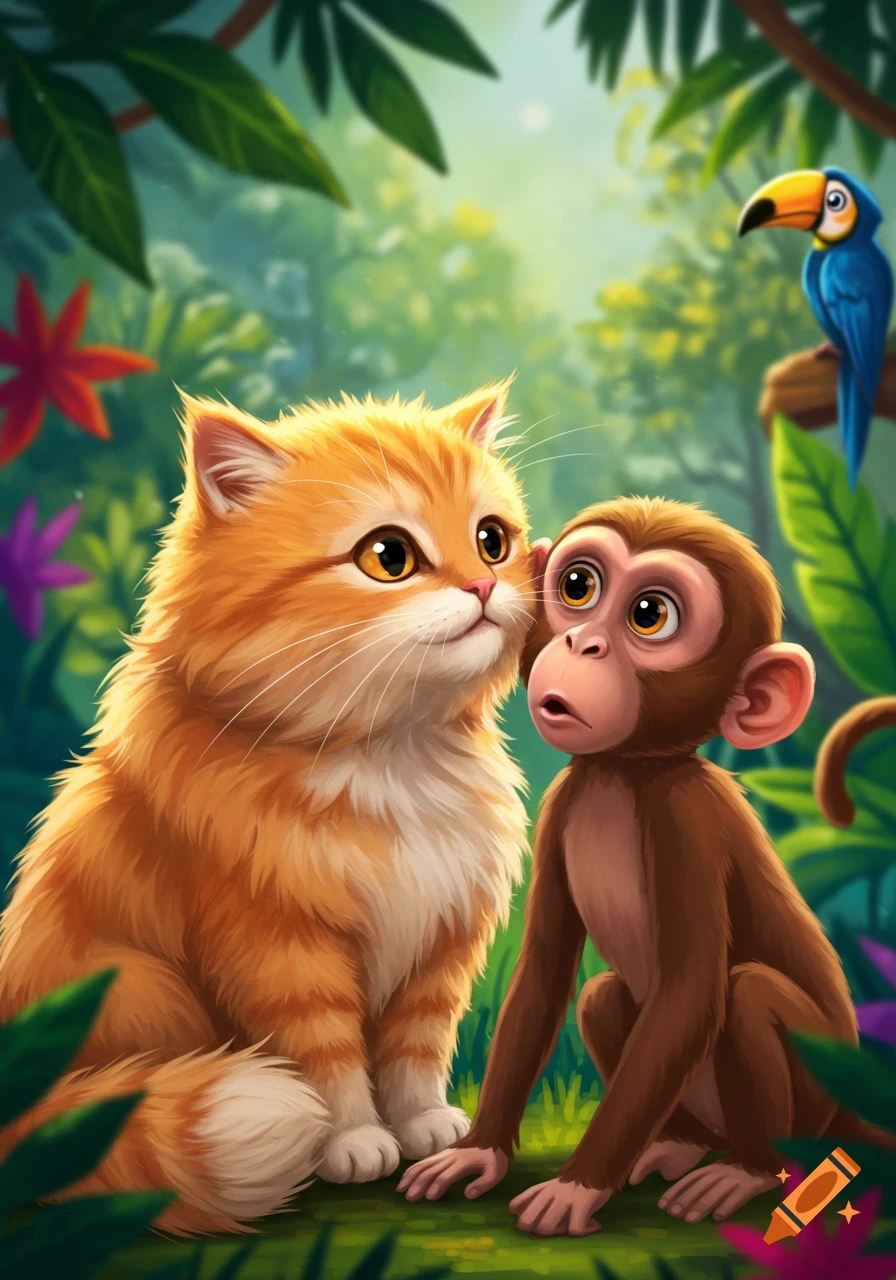 Cartoon cat and monkey in a jungle with a bird