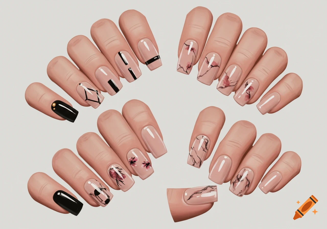 Digital illustration showing multiple manicured fingernails with various designs, including black, geometric, floral, and marble patterns.