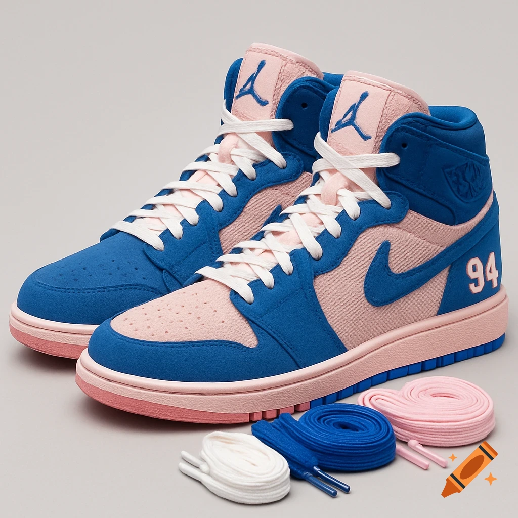 Pair of blue and pink high-top sneakers with spare laces on a grey background