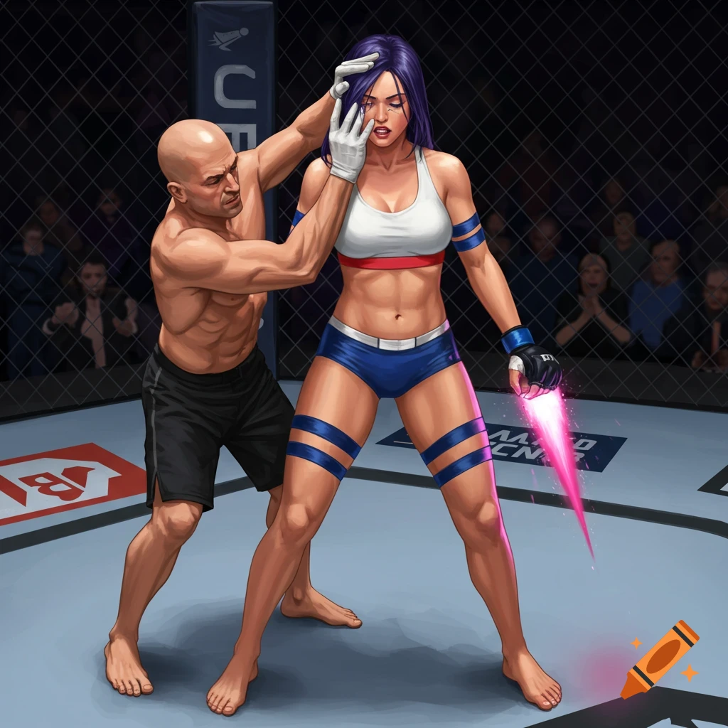 Illustration of a female fighter in an MMA ring, being tended to by a cutman.