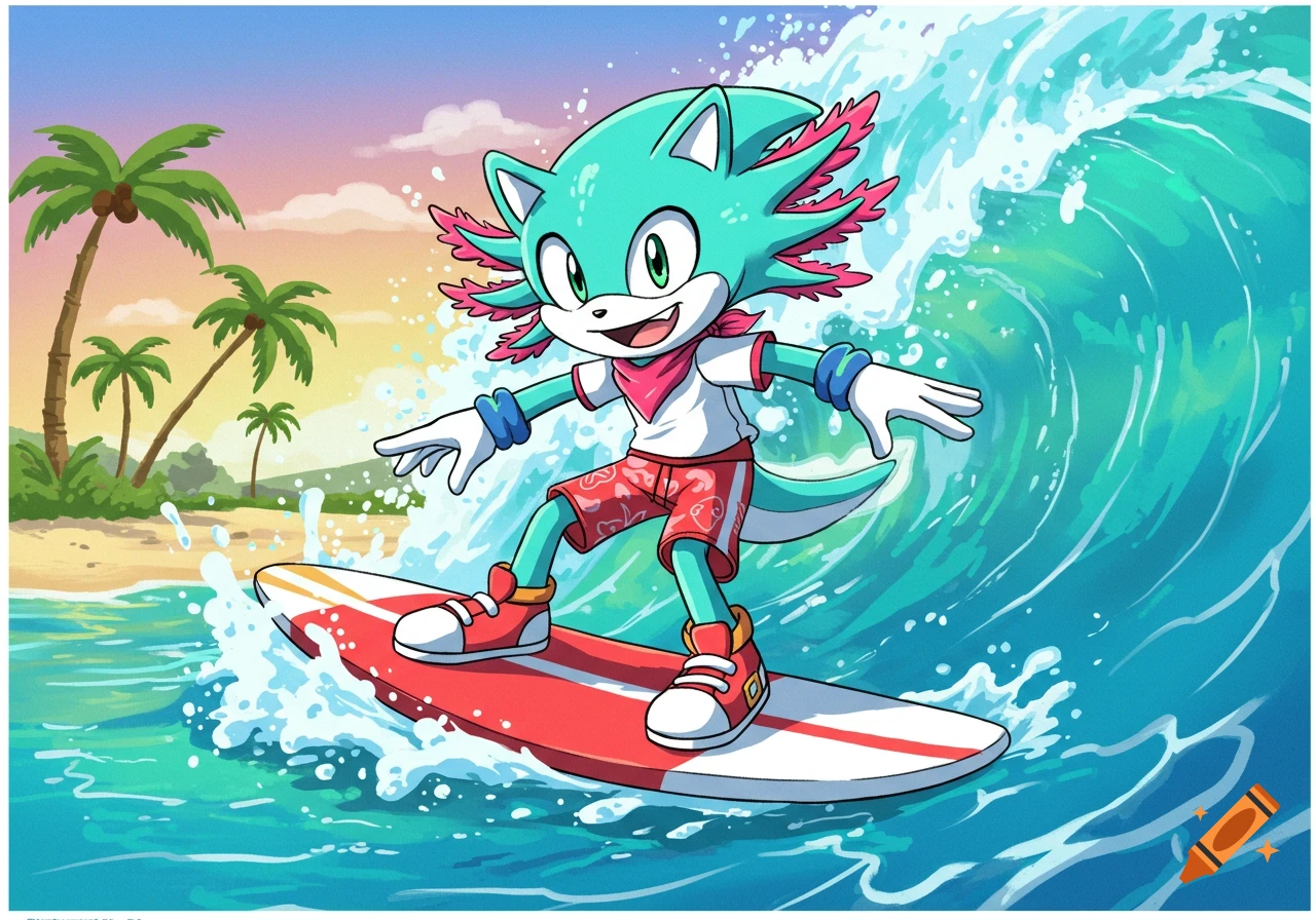 An anthropomorphic axolotl cartoon character surfs a wave near a beach.