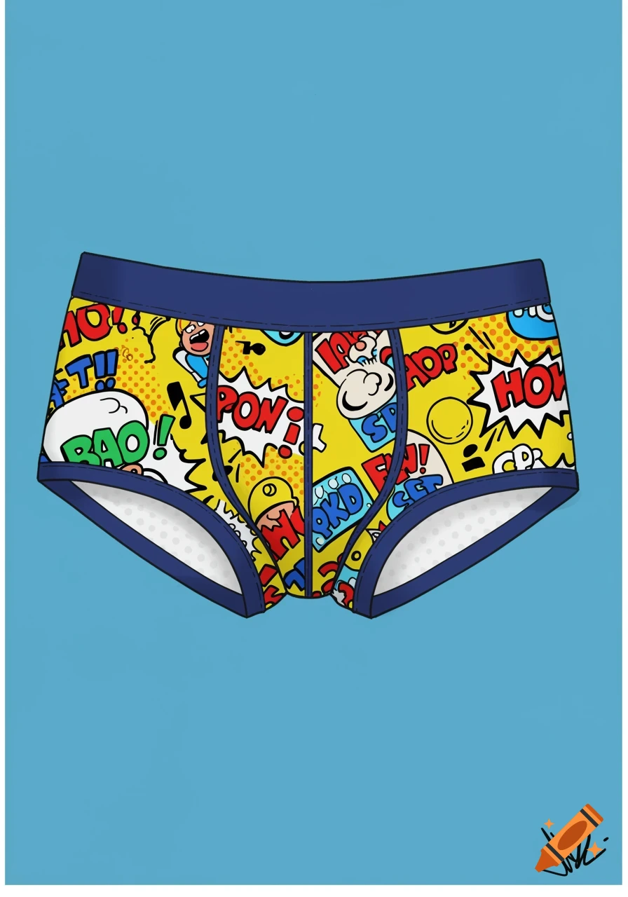 Cartoon boys underwear with comic book style text and characters against a blue background.