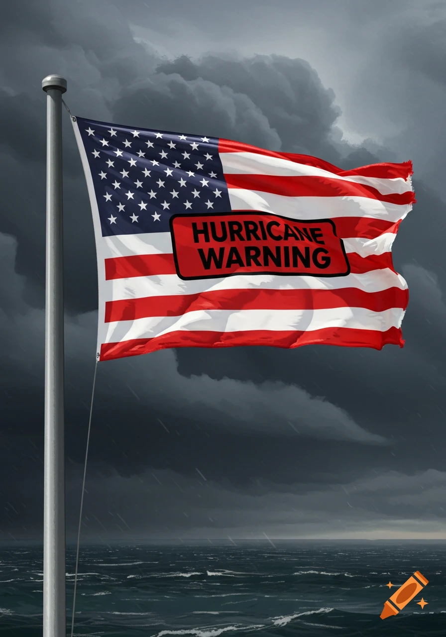 American flag with 'HURRICANE WARNING' text flying in a storm over rough seas. Illustration style.