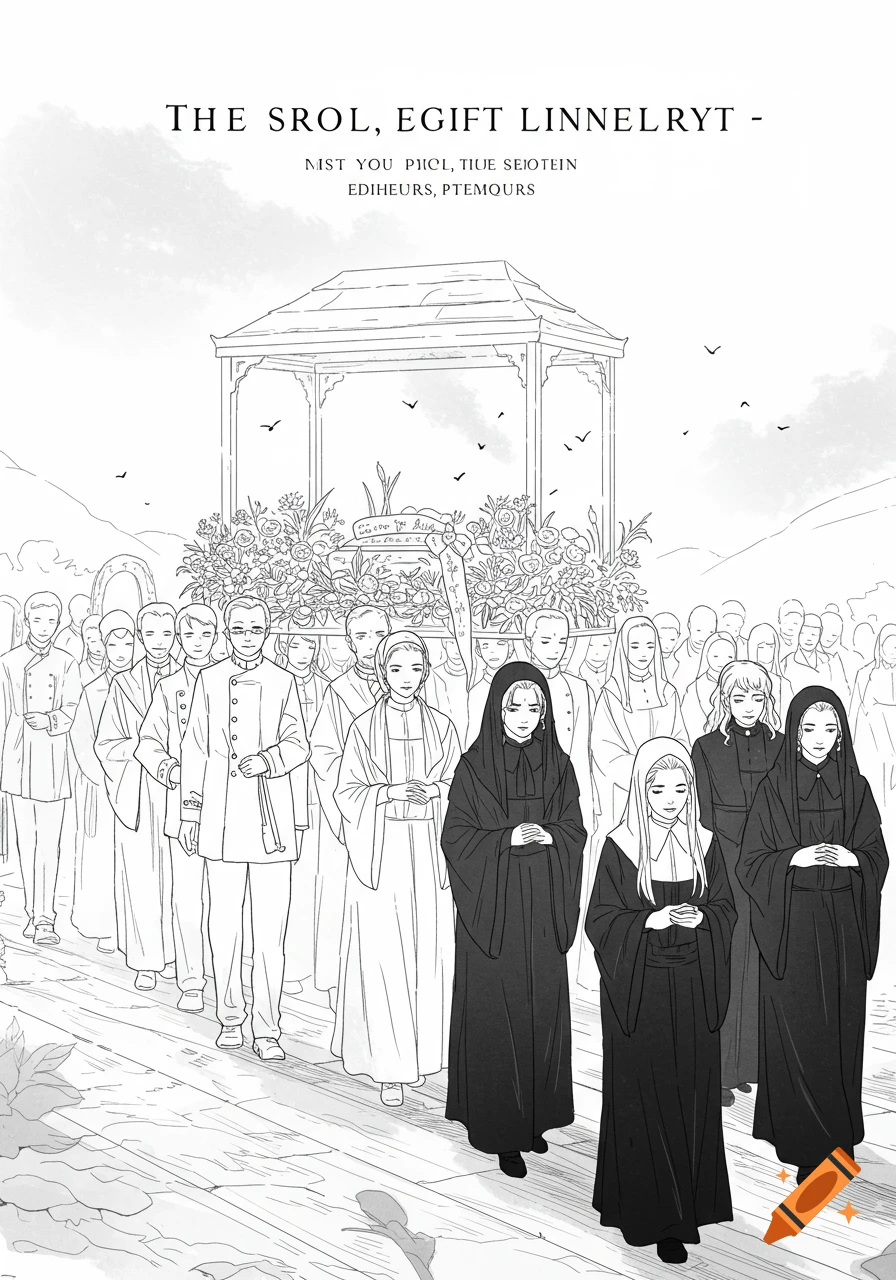 Black and white line drawing of a funeral procession carrying a casket.