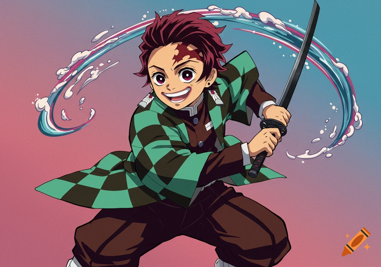 Anime character Tanjiro holding a sword with a water effect