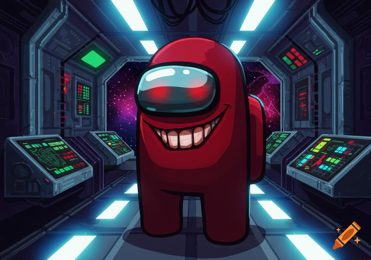 A red Among Us impostor with a creepy grin stands in a sci-fi spaceship control room. Illustration style.