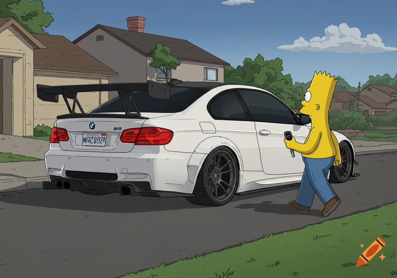 Bart Simpson walks away from a white BMW M3 sports car with a large wing on a suburban street in a cartoon style.