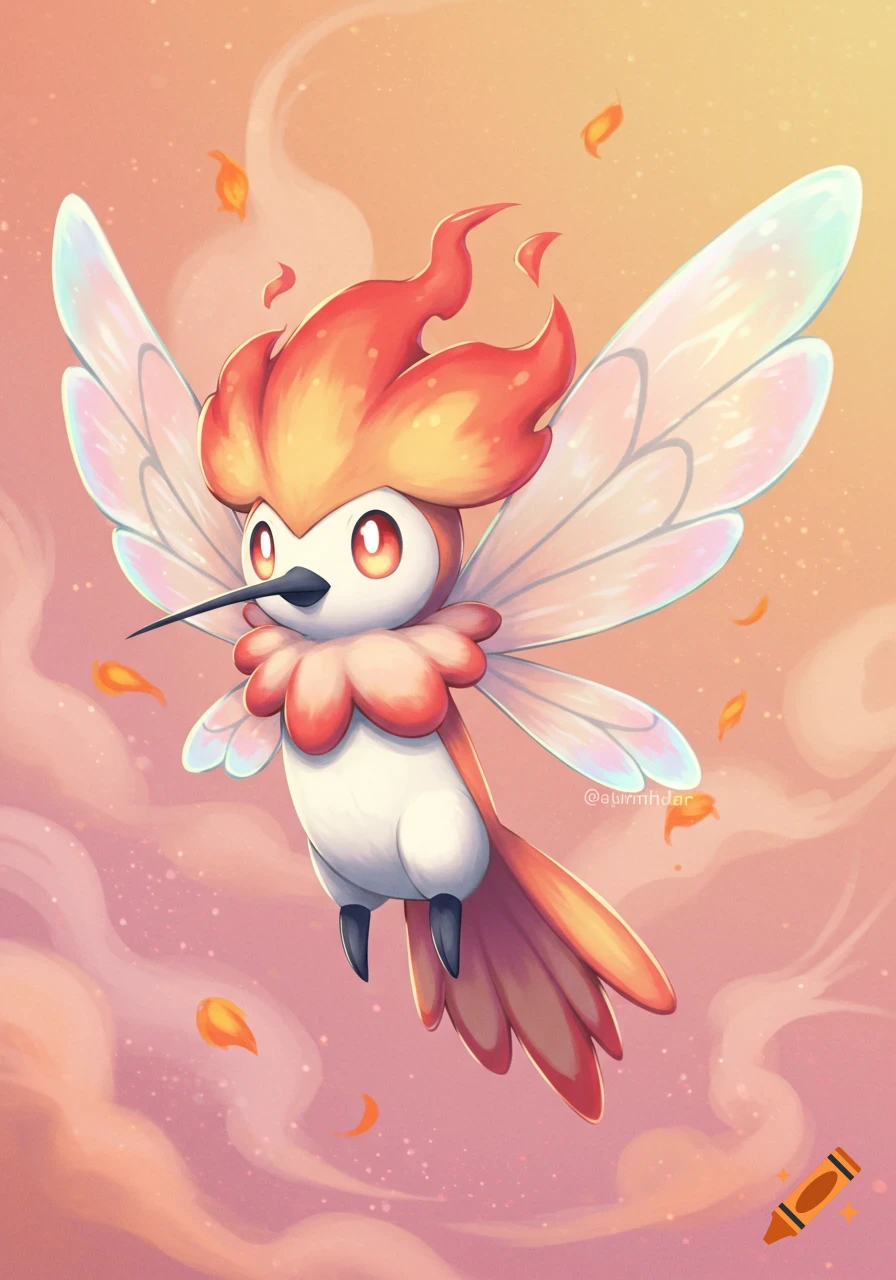 A cute hummingbird-like creature with fiery hair and iridescent wings flies in a pink sky with clouds and falling leaves.