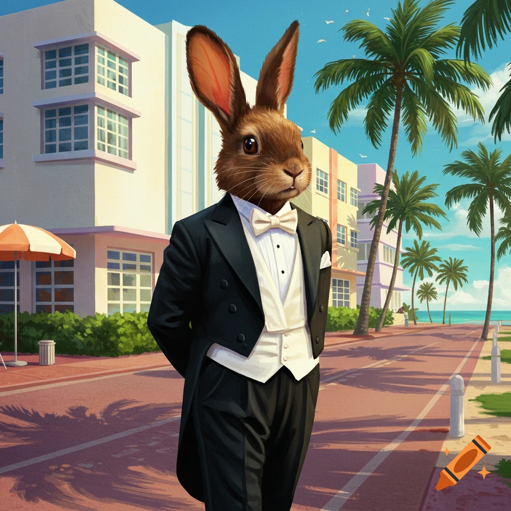 Anthropomorphic rabbit in a tuxedo stands on a sunny street in Miami with palm trees and Art Deco buildings.