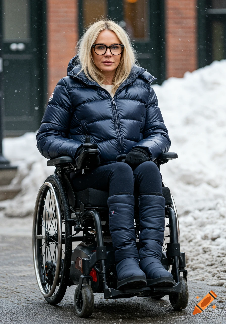 Woman in a wheelchair on a snowy street, wearing glasses and a blue puffer jacket.