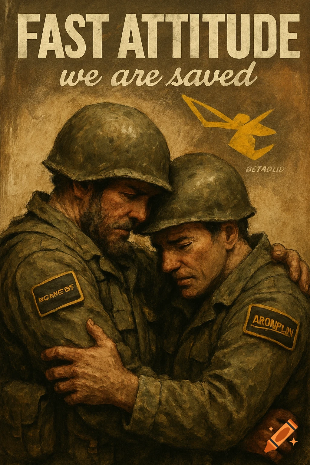Painterly image of two soldiers embracing, text reads "FAST ATTITUDE we are saved"