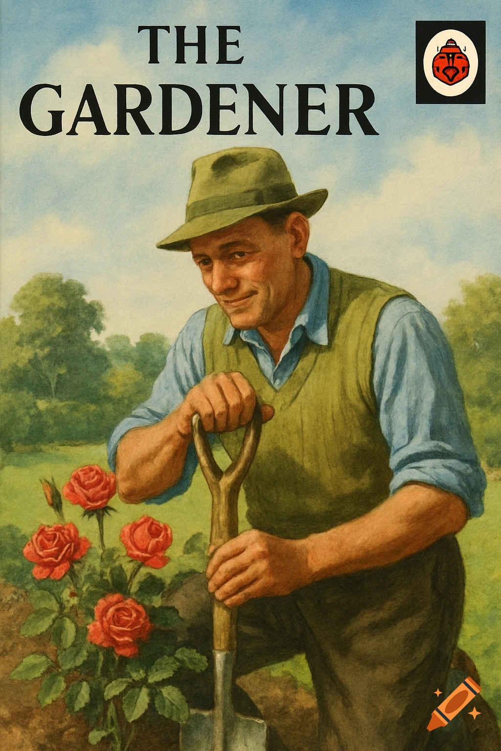 An illustration of a man digging with a shovel next to roses, in the ...