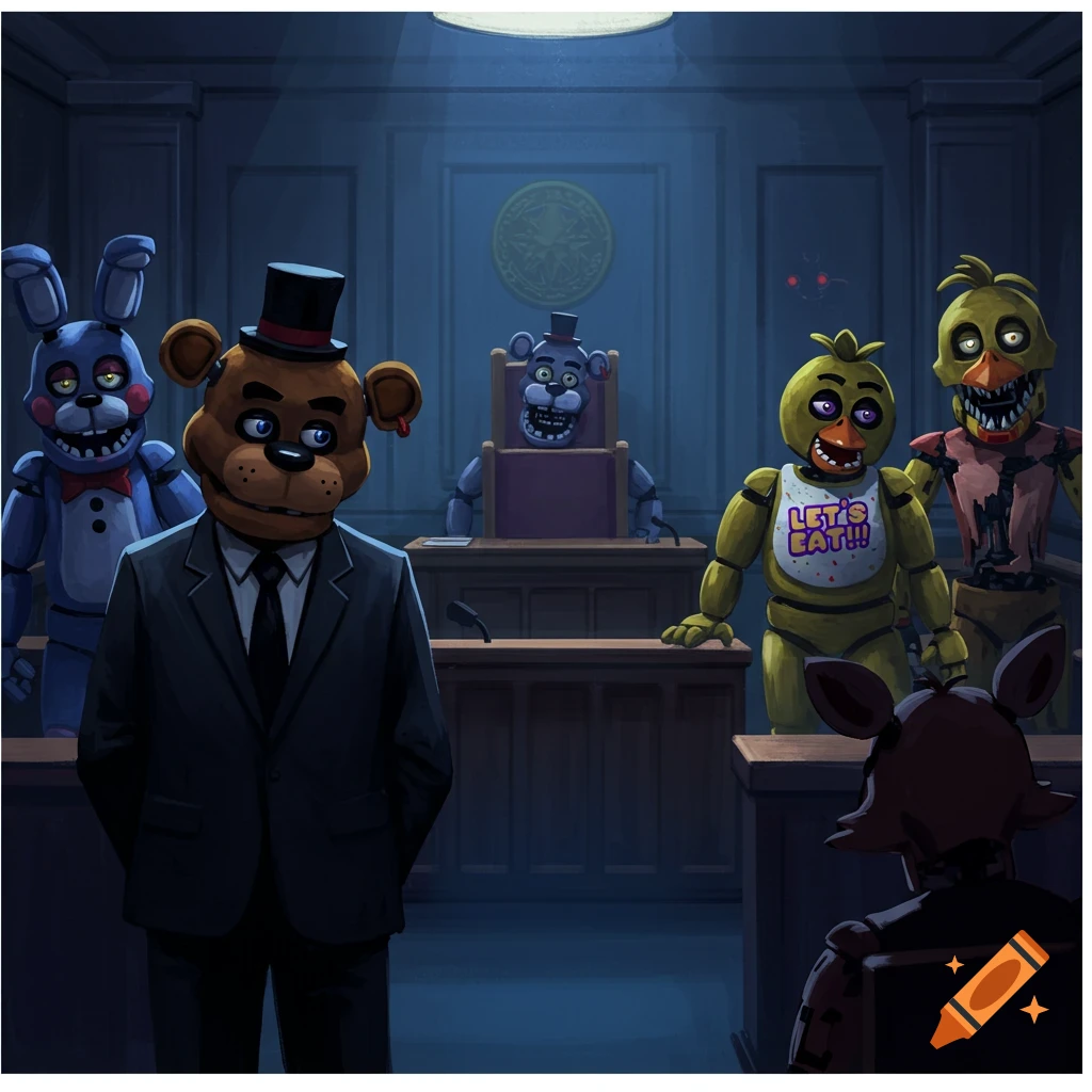 FNAF animatronics in a courtroom illustration