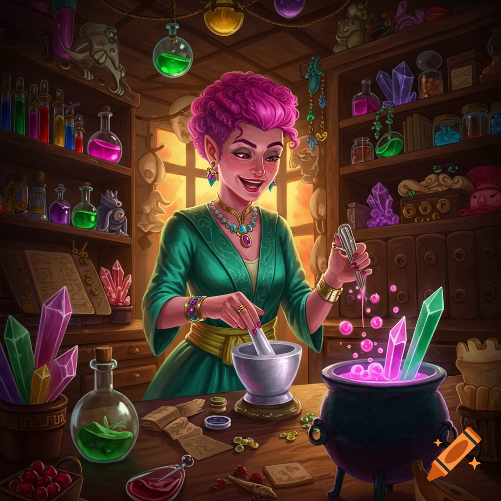 Fantasy alchemist mixes potion in workshop filled with crystals and bottles, illustration style.