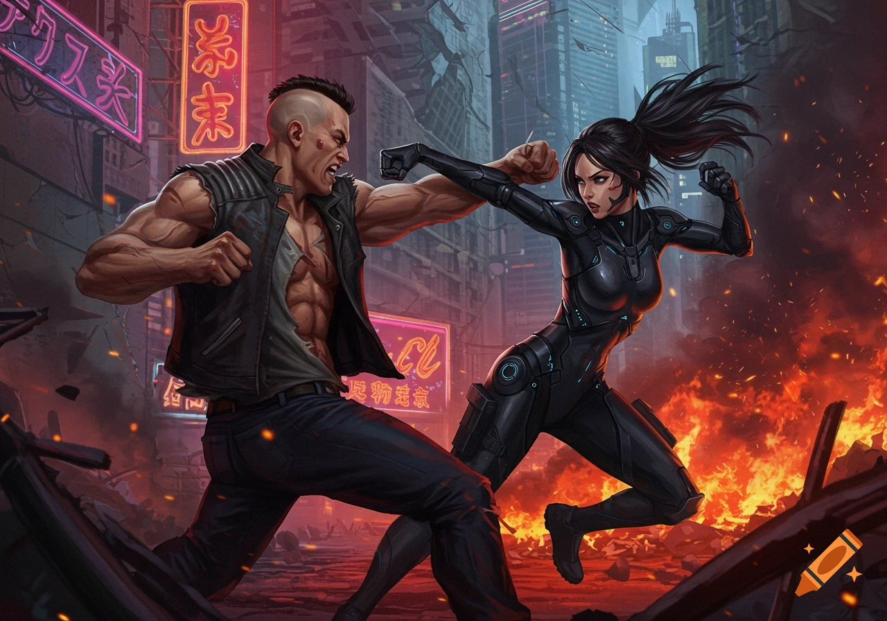 Cyberpunk illustration of a man and woman fighting in a city street with neon signs and fire.