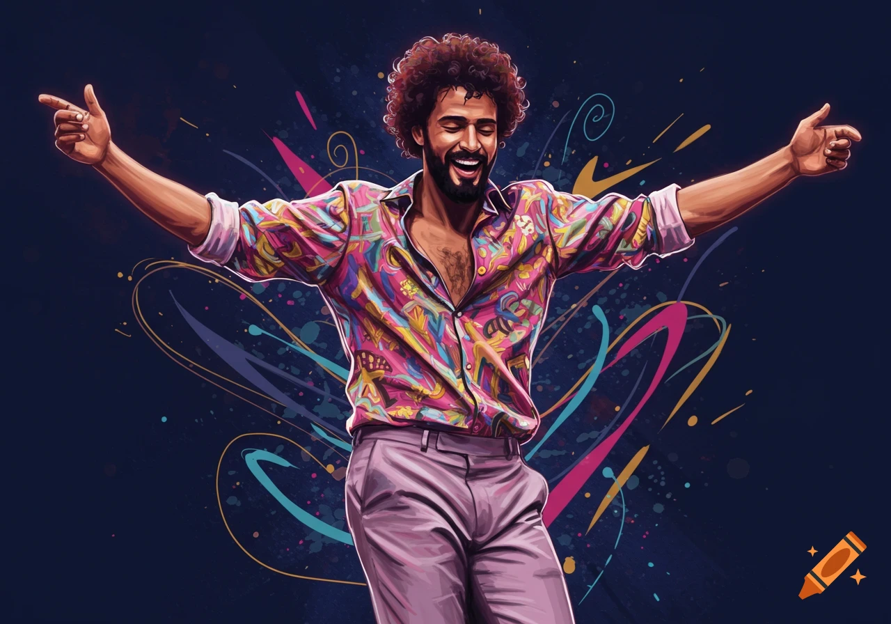 A man with curly hair and a beard dances with his arms spread wide, wearing a vibrant pink and yellow patterned shirt against a colorful abstract background.