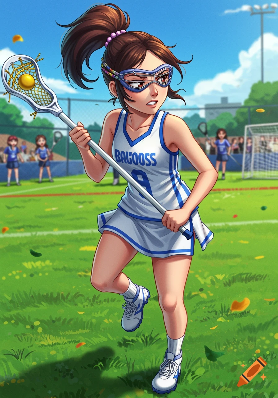 Anime style drawing of a girl playing lacrosse on a field.