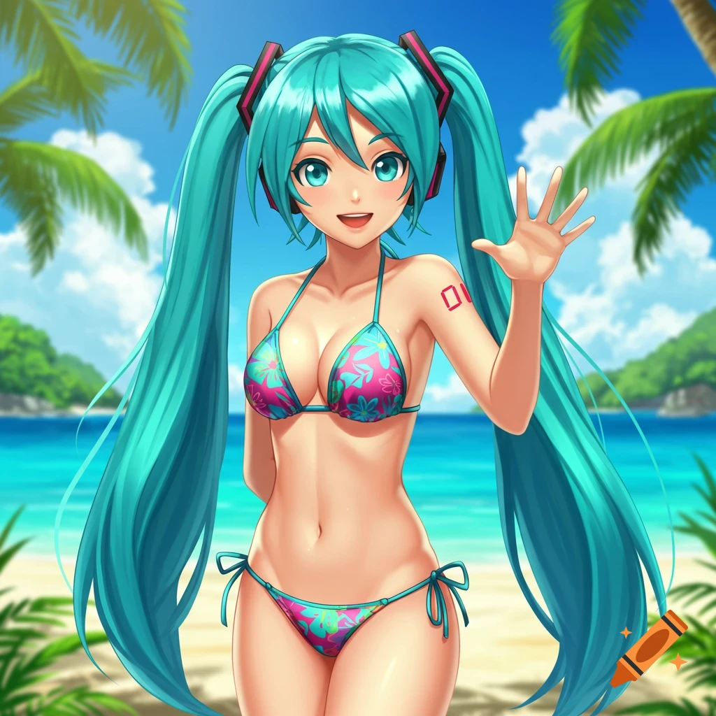 Anime girl with teal pigtails in a bikini waves on a beach