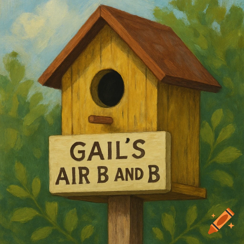 Painting of a birdhouse on a post with a sign that reads GAIL’S AIR B AND B.