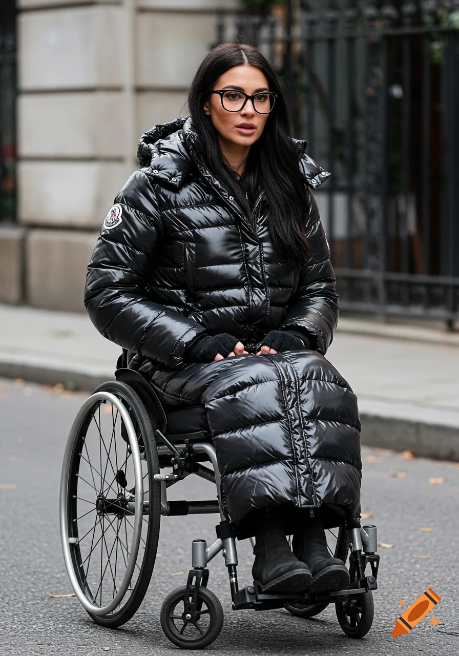 Woman in wheelchair wearing shiny black puffy coat and glasses on a street.