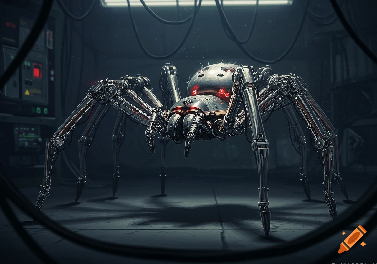 A detailed robotic spider with red lights stands in a dark, industrial room.