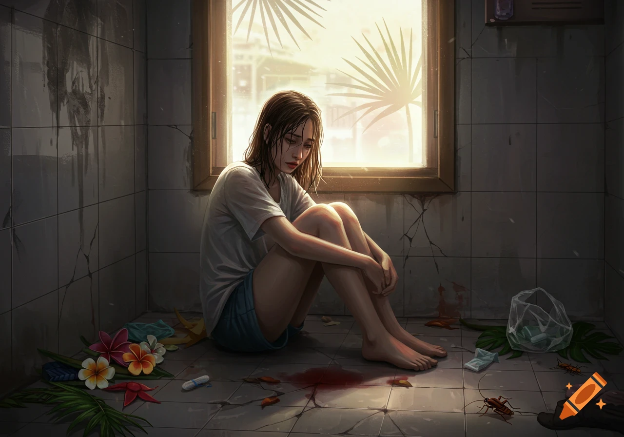 Illustration of a sad young woman sitting on a blood-stained bathroom floor.