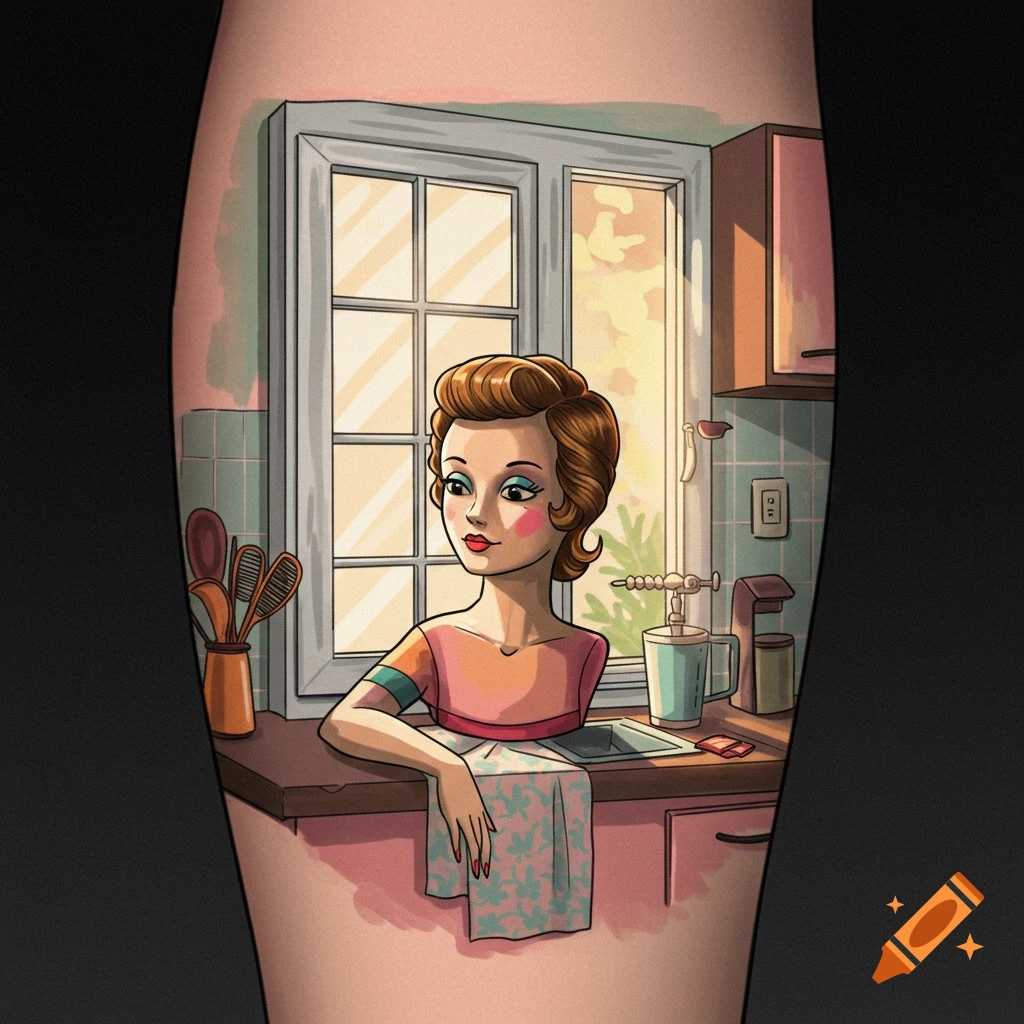 A stylized illustration of a mannequin head sitting in a kitchen window looking outside.