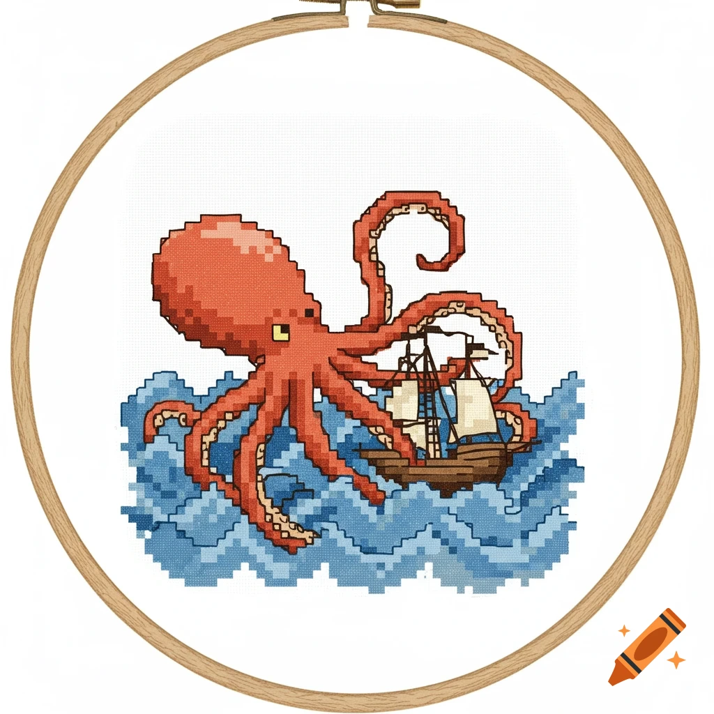 Cross-stitch pixel art of a large red octopus attacking a brown ship on blue waves inside an embroidery hoop.