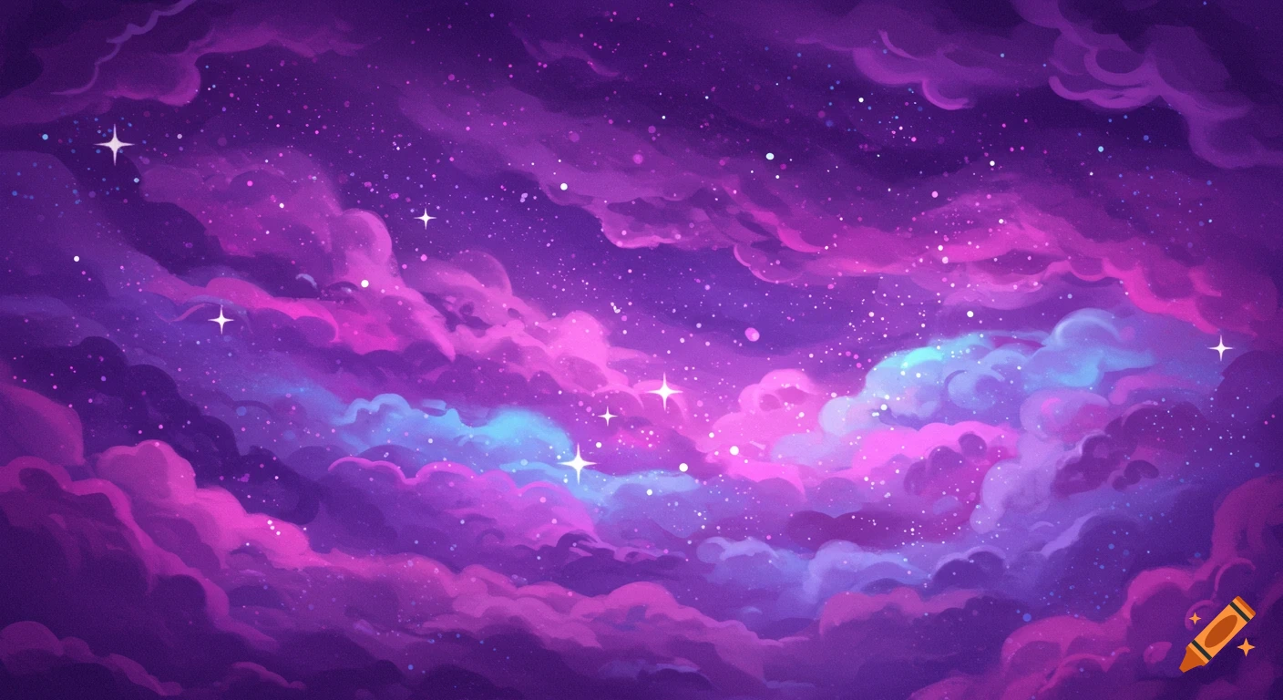 Stylized purple and pink cosmic cloudscape with sparkling stars.