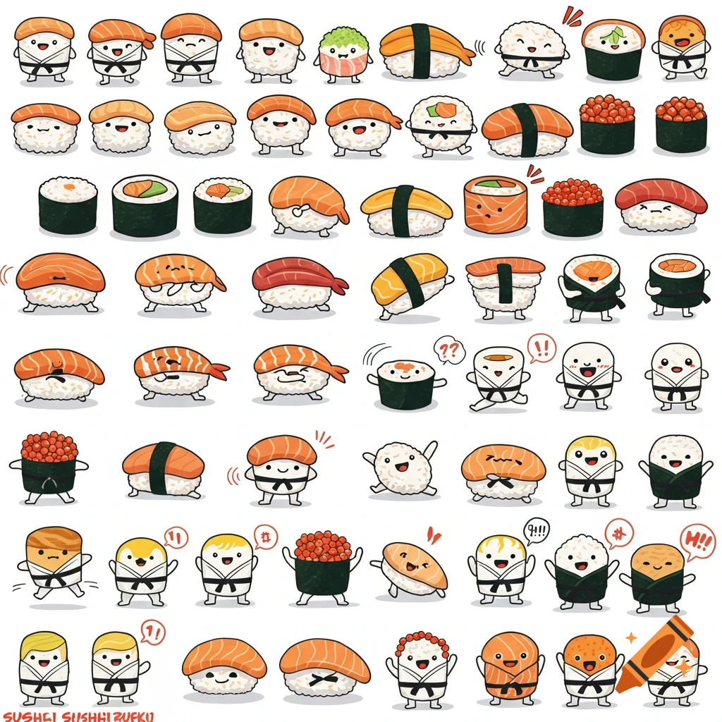 Grid of many cartoon sushi characters doing karate in a kawaii style with pastel colors and clean outlines.
