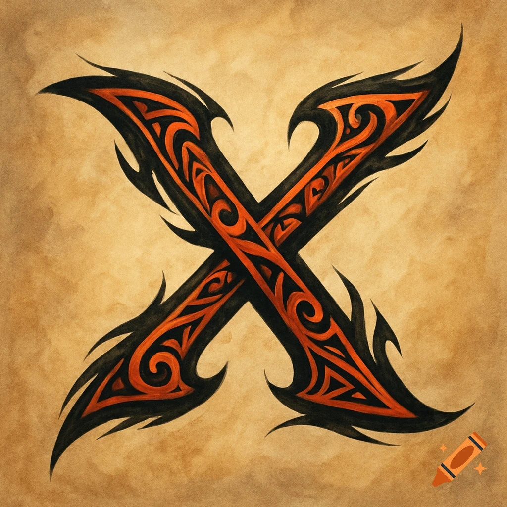Tribal style letter X logo in black and orange on a textured background.