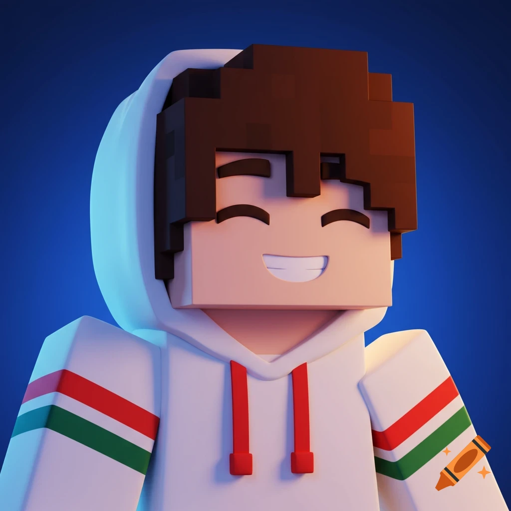 Minecraft-style blocky cartoon avatar with brown hair, smiling, wearing a white hoodie with red and green stripes.