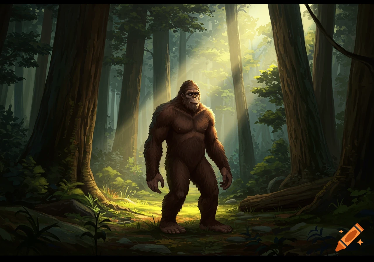 Bigfoot standing in a sunlit forest clearing
