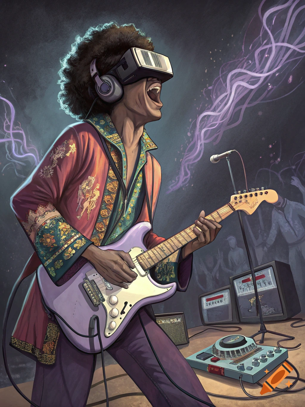 Illustration of a person wearing a VR headset and headphones, playing a purple electric guitar on stage with amps and pedals, with a blurry audience.