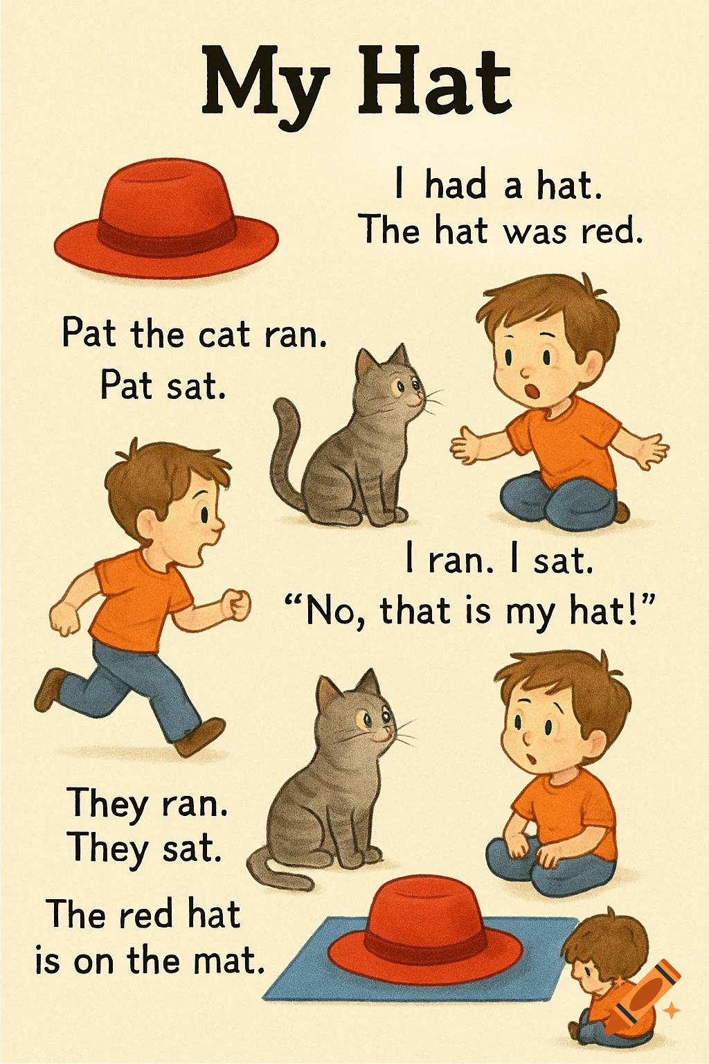 Illustration of a boy and a cat reading a simple story about a red hat. Text and images are arranged like a page from a children's book.